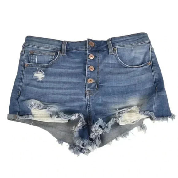 American Eagle Hi-Rise Shortie Jean Shorts Distressed Button Fly Medium  Wash 12 - Picture 2 of 11